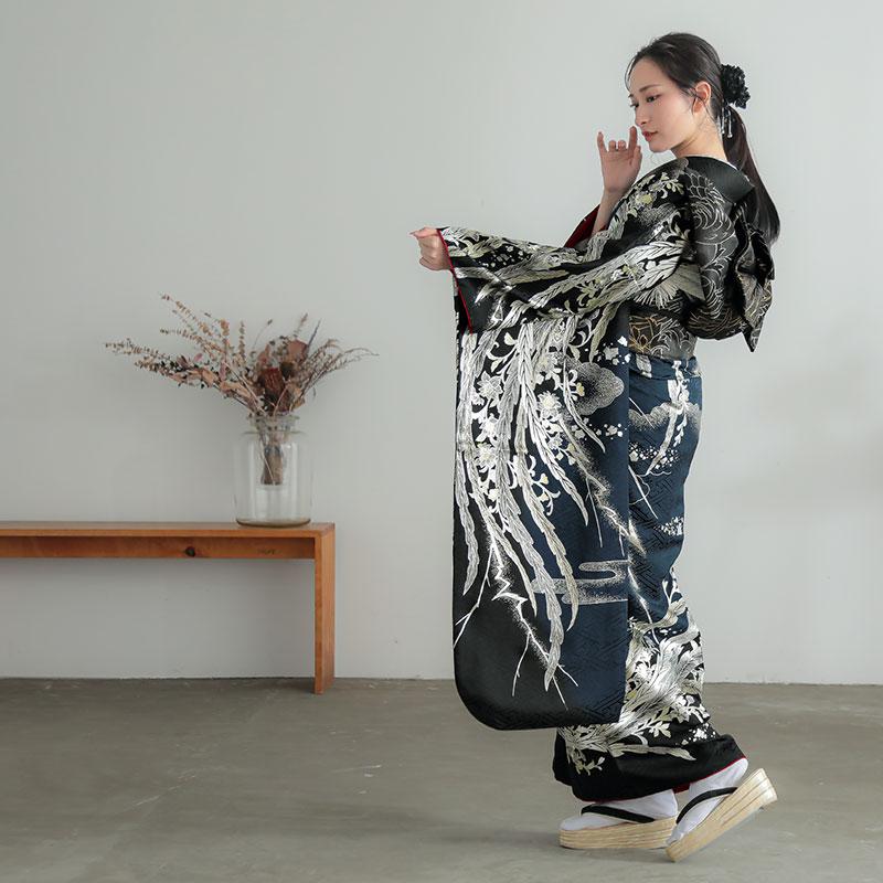 振袖 レンタル 成人式 結婚式 ブルー×黒 鳳凰 Beautiful Japan12月〜1