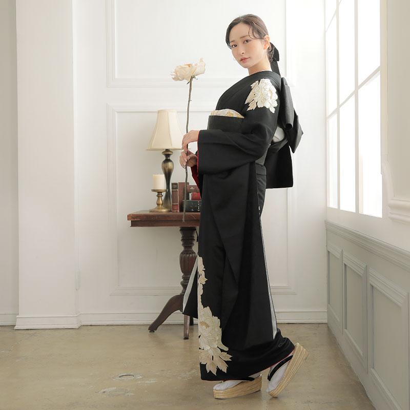 振袖 レンタル 成人式 結婚式 黒 牡丹12月〜1月利用 対応身長154