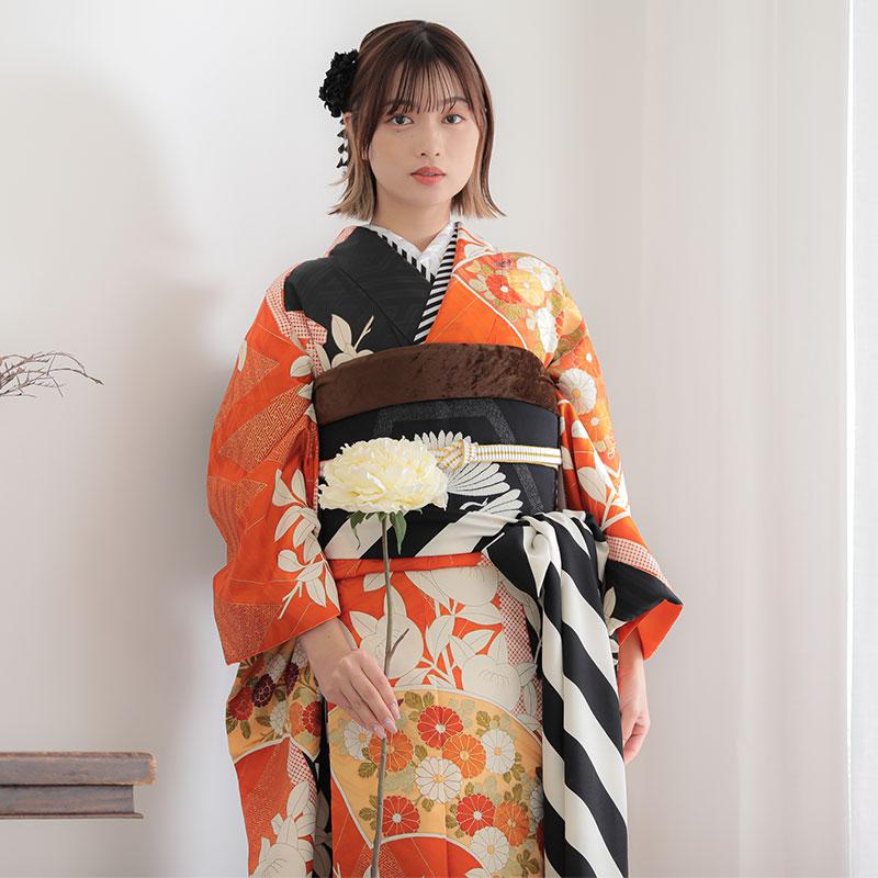 振袖 レンタル 成人式 結婚式 オレンジ×黒 扇面に橘12月〜1月 振袖 レンタル 成人式 結婚式 オレンジ×黒 扇面に橘12月〜1月