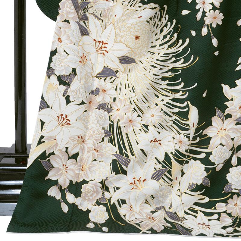 振袖 レンタル 成人式 結婚式 深緑 百合に乱菊 東京レトロ12月〜1月