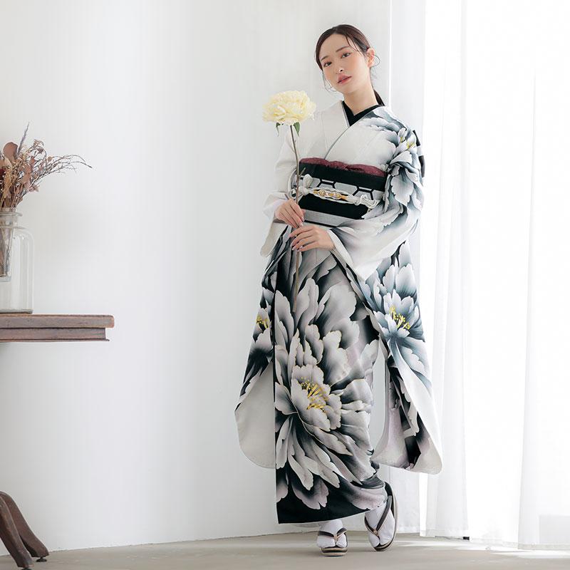 振袖 レンタル 成人式 結婚式 白×黒 大輪牡丹12月〜1月利用 対応 振袖 レンタル 成人式 結婚式 白×黒 大輪牡丹12月〜1月利用 対応