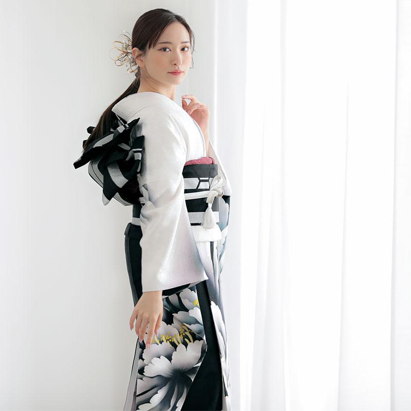 振袖 身長159-174cm black × white 正絹 振袖 身長159-174cm black × white 正絹
