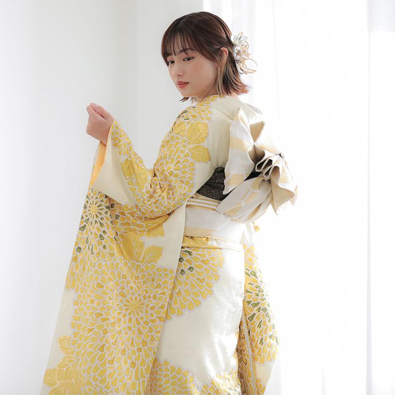 振袖 レンタル 成人式 結婚式 最高峰絞り染元「滝泰」薄黄 大輪むじな