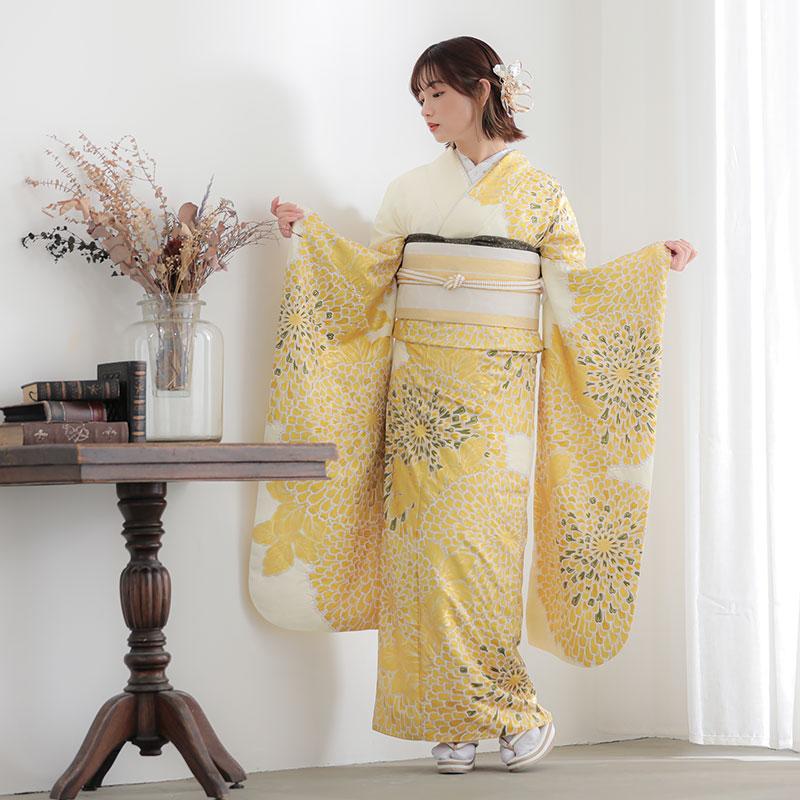 振袖 レンタル 成人式 結婚式 最高峰絞り染元「滝泰」薄黄 大輪むじな