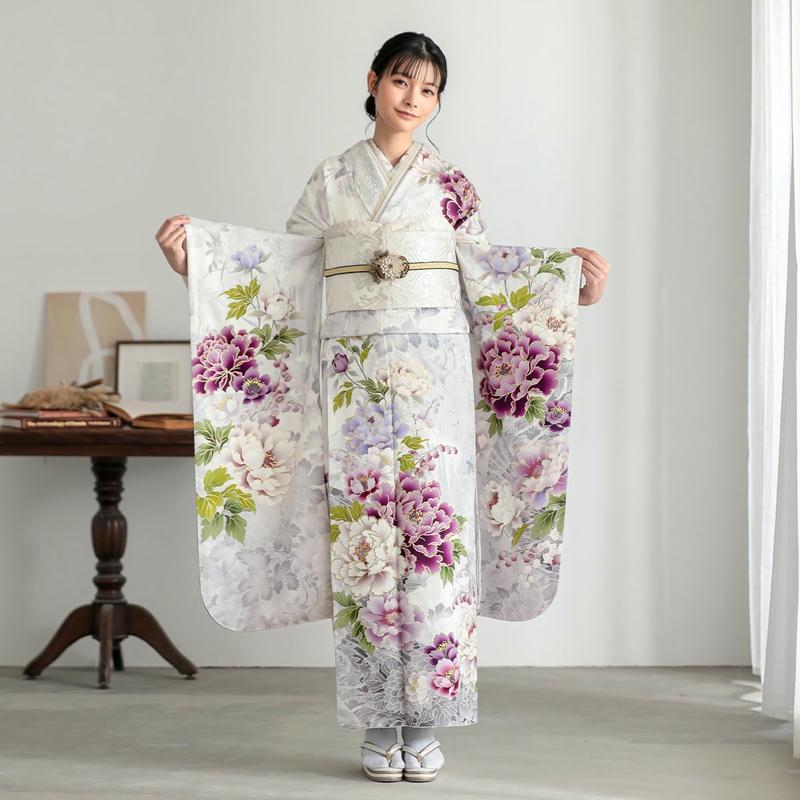 振袖 レンタル 成人式 結婚式 アイスグレー×薄藤 牡丹12月〜1月利用