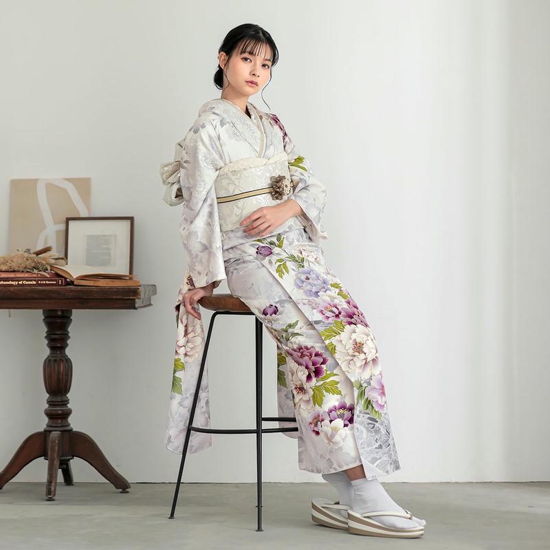 振袖 レンタル 成人式 結婚式 アイスグレー×薄藤 牡丹12月〜1月利用