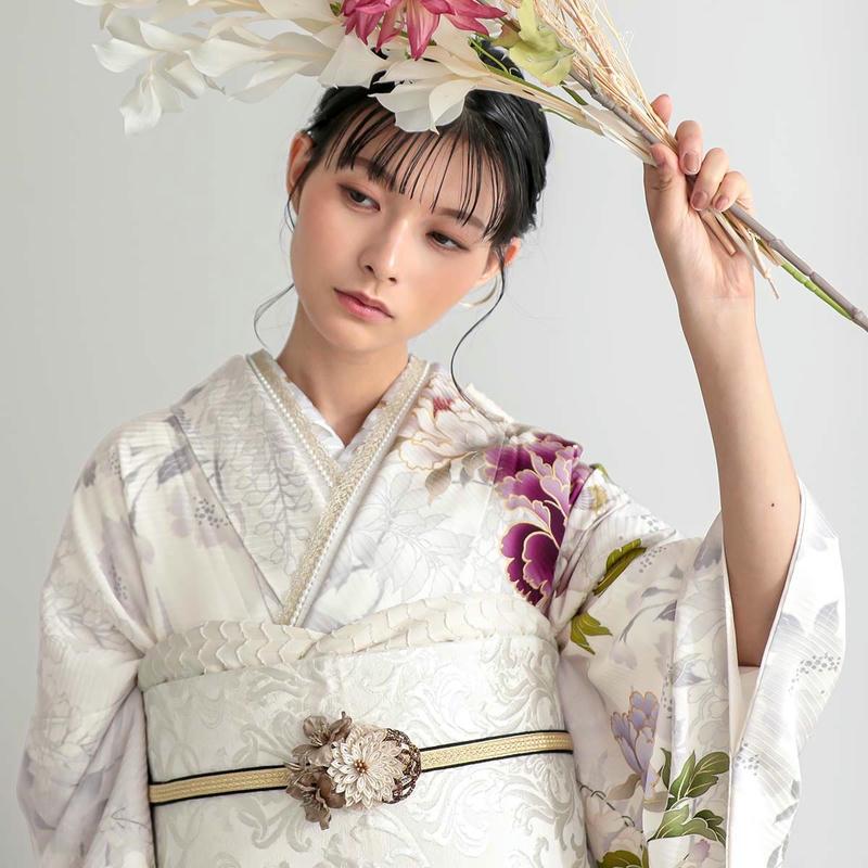 振袖 レンタル 成人式 結婚式 アイスグレー×薄藤 牡丹12月〜1月利用