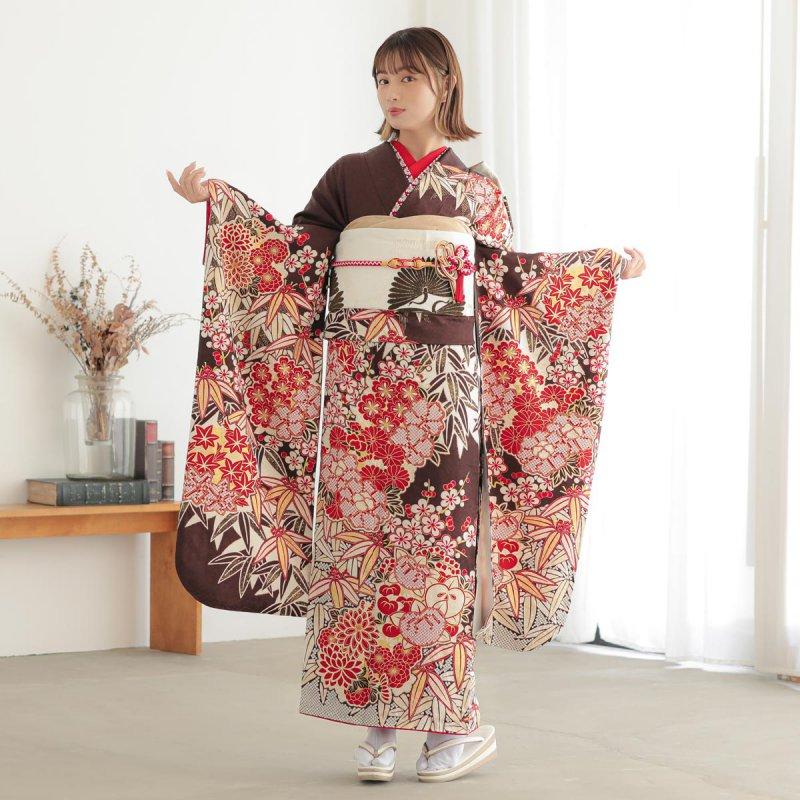 振袖 レンタル 成人式 結婚式 茶 笹に花丸文12月〜1月利用 対応 振袖 レンタル 成人式 結婚式 茶 笹に花丸文12月〜1月利用 対応