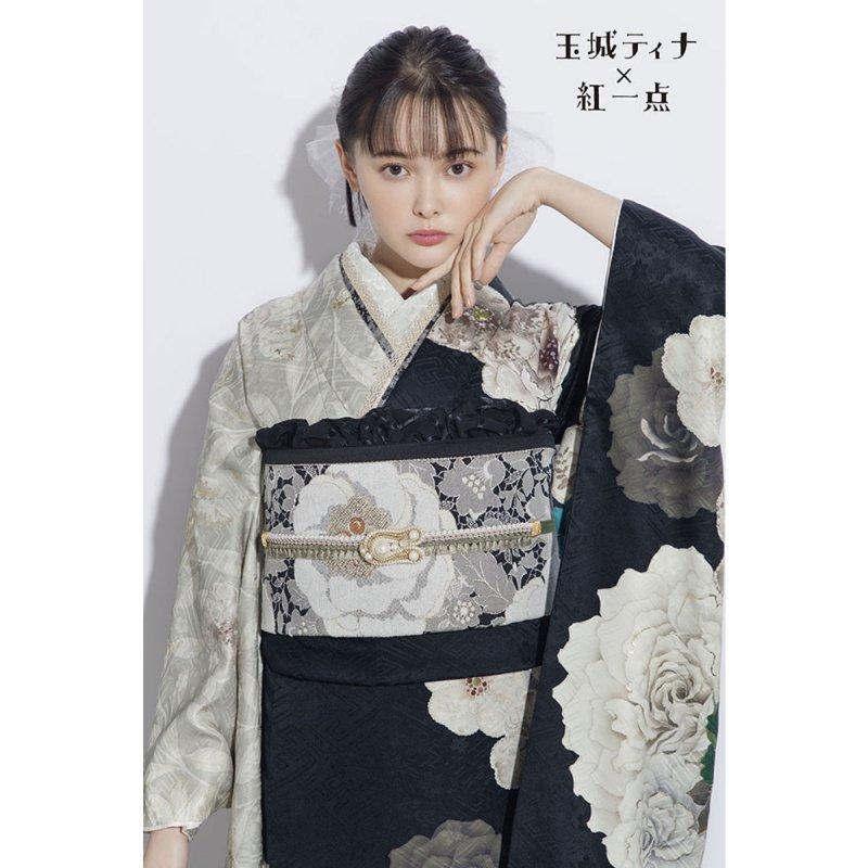 振袖 レンタル 成人式 結婚式 黒×ベージュ 薔薇にレース花玉城