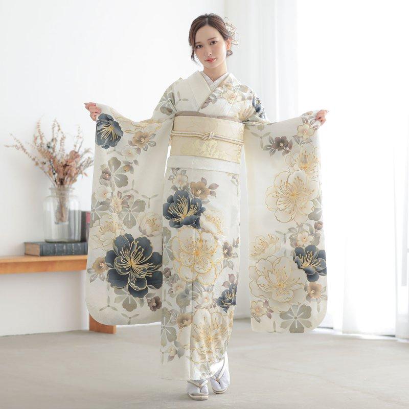 振袖 レンタル 成人式 結婚式 白 大桜に椿(R2099)12月〜1月利用 対応 