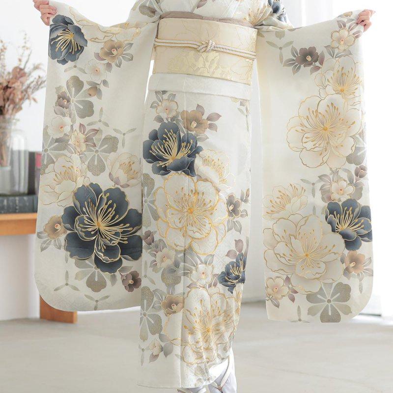 振袖 レンタル 成人式 結婚式 白 大桜に椿(R2099)12月〜1月利用 対応