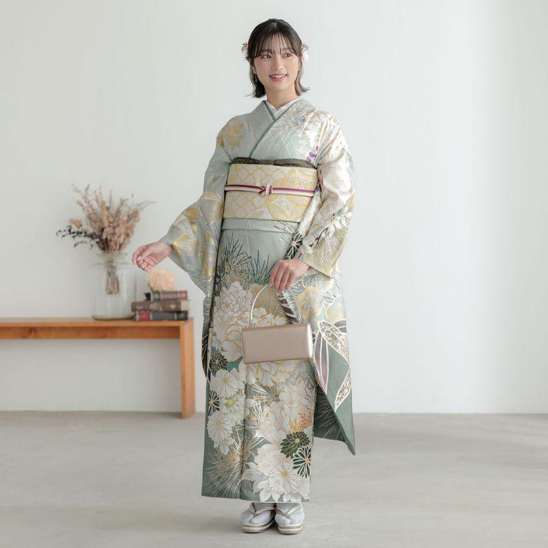 振袖 レンタル 成人式 結婚式 モスグリーン 菊牡丹に松12月〜1月利用