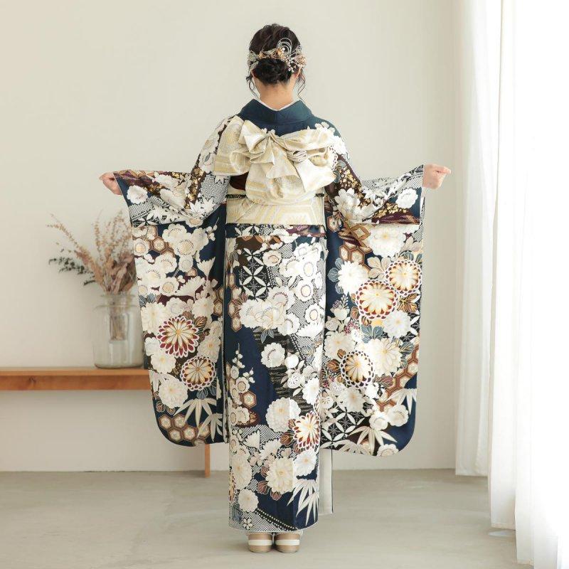 振袖 レンタル 成人式 結婚式 鉄紺 道長取りに手毬菊12月〜1月利用