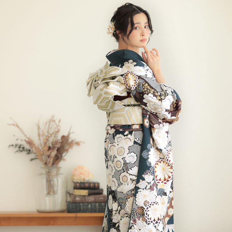 振袖 レンタル 成人式 結婚式 鉄紺 道長取りに手毬菊12月〜1月利用