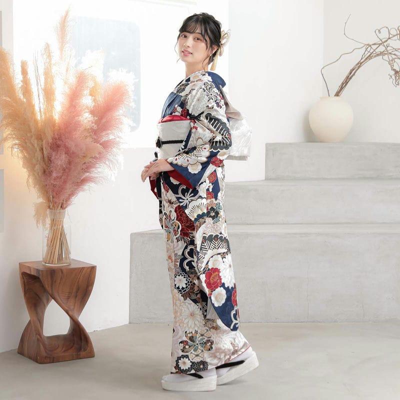 振袖 レンタル 成人式 結婚式 濃紺 流水菊牡丹12月〜1月利用 対応身長