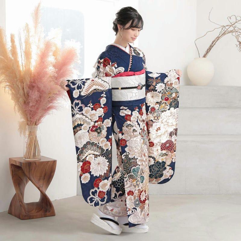 振袖 レンタル 成人式 結婚式 濃紺 流水菊牡丹12月〜1月利用 対応身長