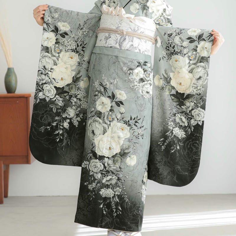 振袖 レンタル 成人式 結婚式 グレー×黒 ヴィンテージローズ JILL