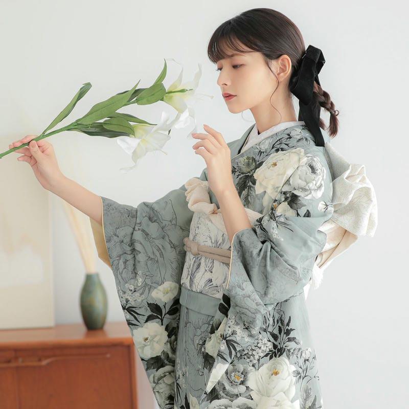 振袖 レンタル 成人式 結婚式 グレー×黒 ヴィンテージローズ JILL