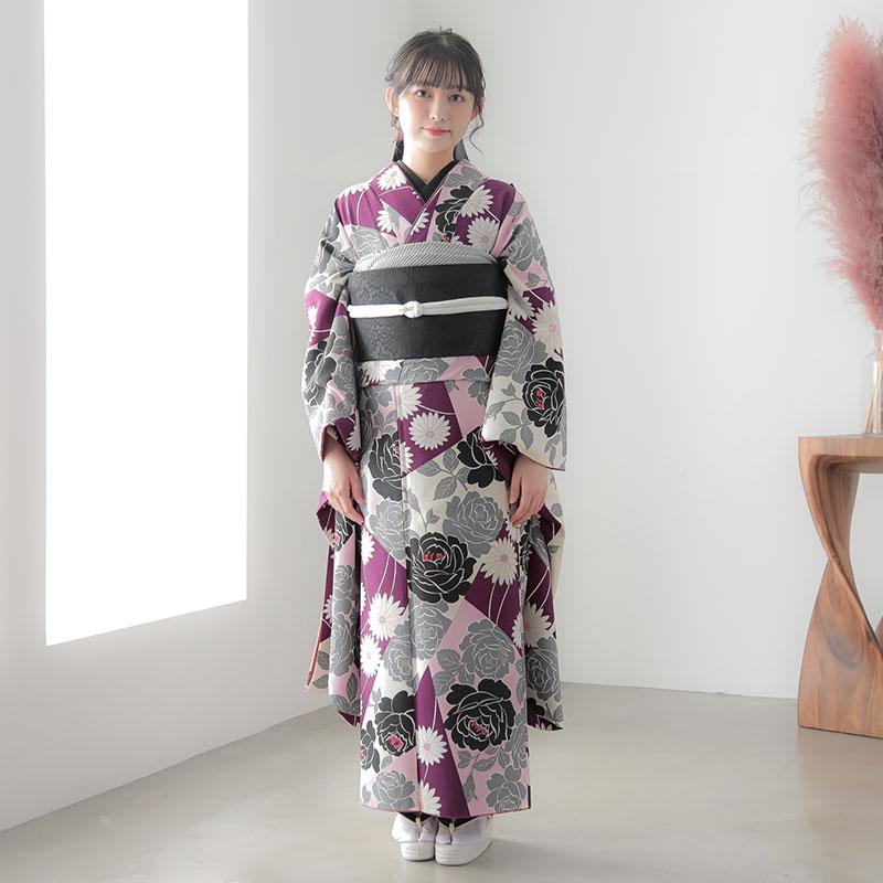 振袖 レンタル 成人式 結婚式 ベージュ×紫 コラージュの薔薇 和風館12