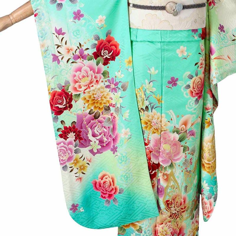 振袖 レンタル 成人式 結婚式 エメラルドブルー 薔薇に蝶12月〜1月利用 対応身長154〜165cm RS2171の画像