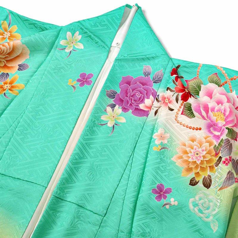 振袖 レンタル 成人式 結婚式 エメラルドブルー 薔薇に蝶12月〜1月利用 対応身長154〜165cm RS2171の画像