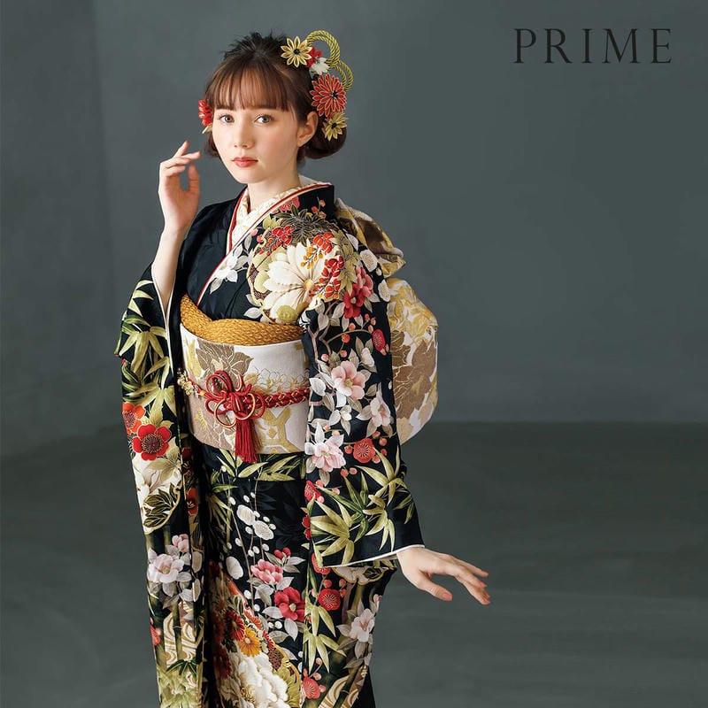 振袖 レンタル 成人式 結婚式 黒 雪輪に竹梅椿 PRIME12月〜1月利用