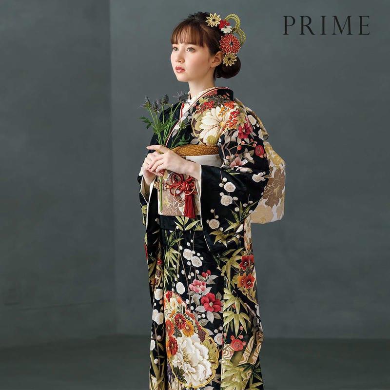 12月・1月利用 振袖 レンタル 成人式 結婚式 黒 雪輪に竹梅椿PRIME 12