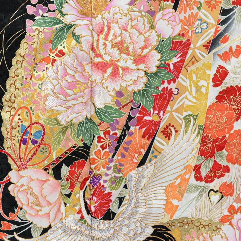 振袖 レンタル 成人式 結婚式 相良刺繍 黒 牡丹と鶴に扇面熨斗12月〜1