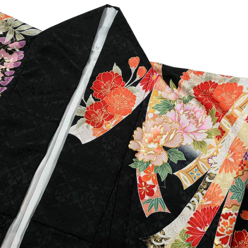 振袖 レンタル 成人式 結婚式 相良刺繍 黒 牡丹と鶴に扇面熨斗12月〜1
