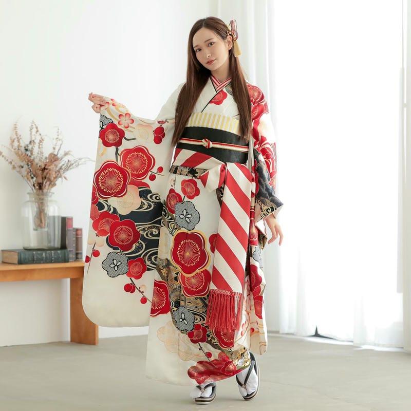 振袖 レンタル 成人式 結婚式 白 道長取りに紅白梅(R2079)12月〜1月