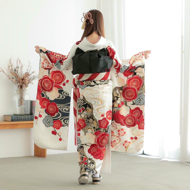 振袖 レンタル 成人式 結婚式 白 道長取りに紅白梅(R2079)12月〜1月
