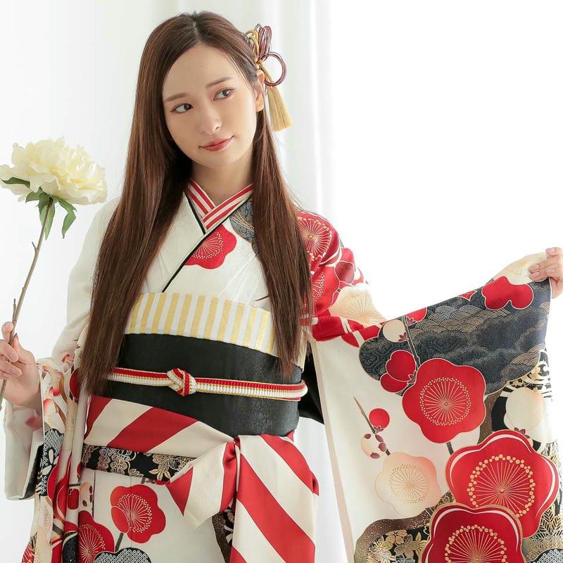 振袖 レンタル 成人式 結婚式 白 道長取りに紅白梅(R2079)12月〜1月