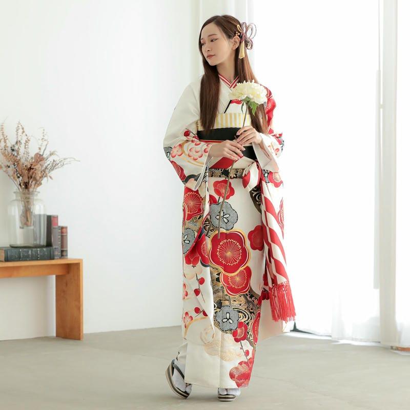 振袖 レンタル 成人式 結婚式 白 道長取りに紅白梅(R2079)12月〜1月