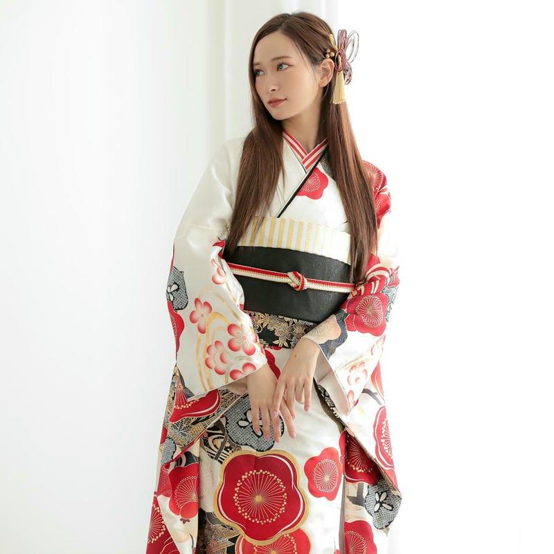 振袖 レンタル 成人式 結婚式 白 道長取りに紅白梅(R2079)12月〜1月
