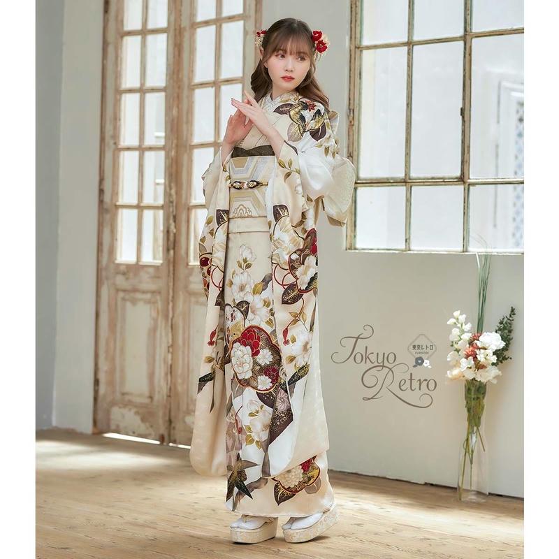 振袖 レンタル 成人式 結婚式 サンドベージュ 花丸文に桜 東京レトロ