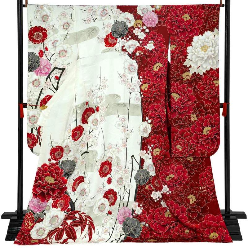 振袖 レンタル 成人式 結婚式 華徒然×吉木千沙都 白x赤 牡丹に梅