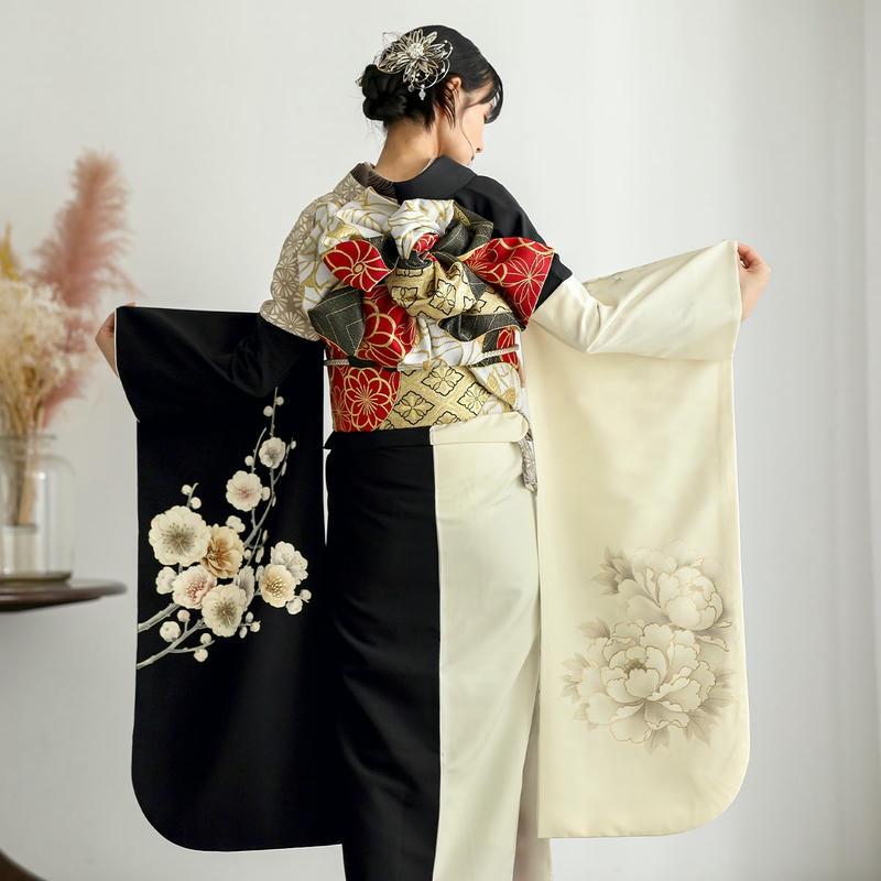 振袖 レンタル 成人式 結婚式 ベージュ×黒×オフホワイト 牡丹に梅 華