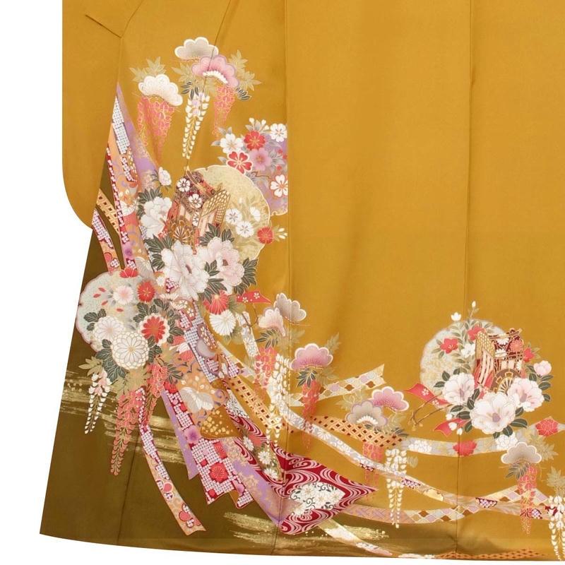 振袖 レンタル 成人式 結婚式 辛子色 熨斗目 花車と雪輪(絹) 一点物 12月〜1月利用 対応身長154〜165cm RS289の画像