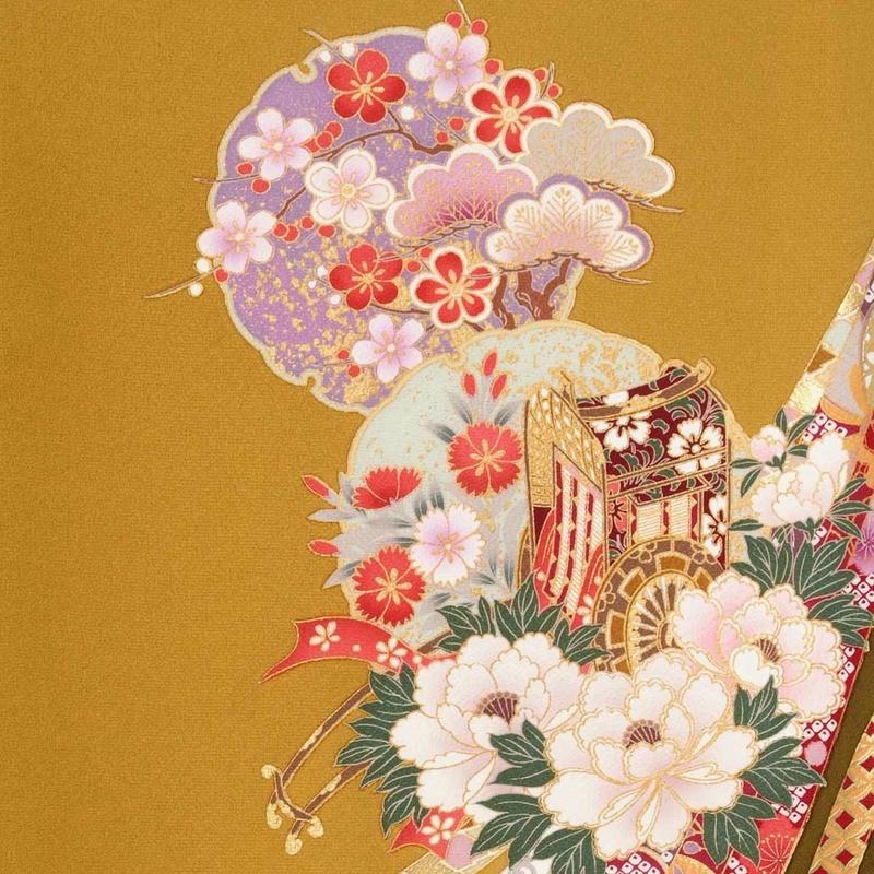 振袖 レンタル 成人式 結婚式 辛子色 熨斗目 花車と雪輪(絹) 一点物 12月〜1月利用 対応身長154〜165cm RS289の画像