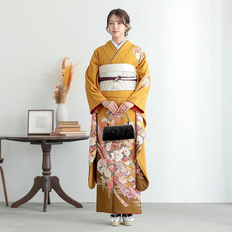 振袖 レンタル 成人式 結婚式 辛子色 熨斗目 花車と雪輪(絹) 一点物 12月〜1月利用 対応身長154〜165cm RS289の画像