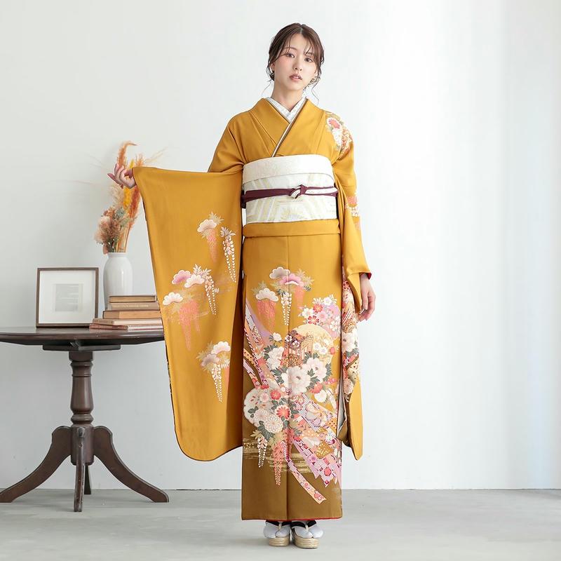振袖 レンタル 成人式 結婚式 辛子色 熨斗目 花車と雪輪(絹) 一点物 12月〜1月利用 対応身長154〜165cm RS289の画像
