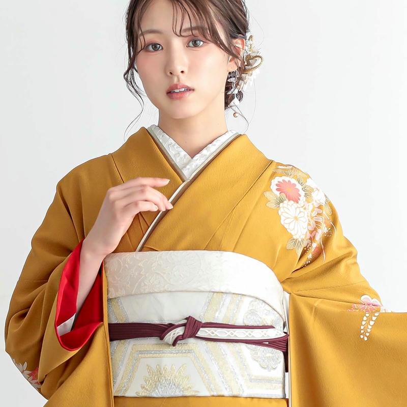 振袖 レンタル 成人式 結婚式 辛子色 熨斗目 花車と雪輪(絹) 一点物 12月〜1月利用 対応身長154〜165cm RS289の画像