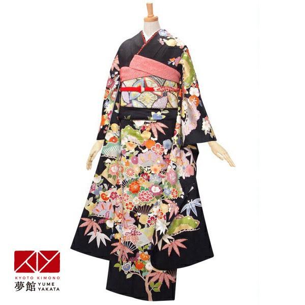 振袖 レンタル 成人式 結婚式 黒　扇面と松竹梅に花々(絹) 一点物12月〜1月利用 対応身長154〜165cm RS351