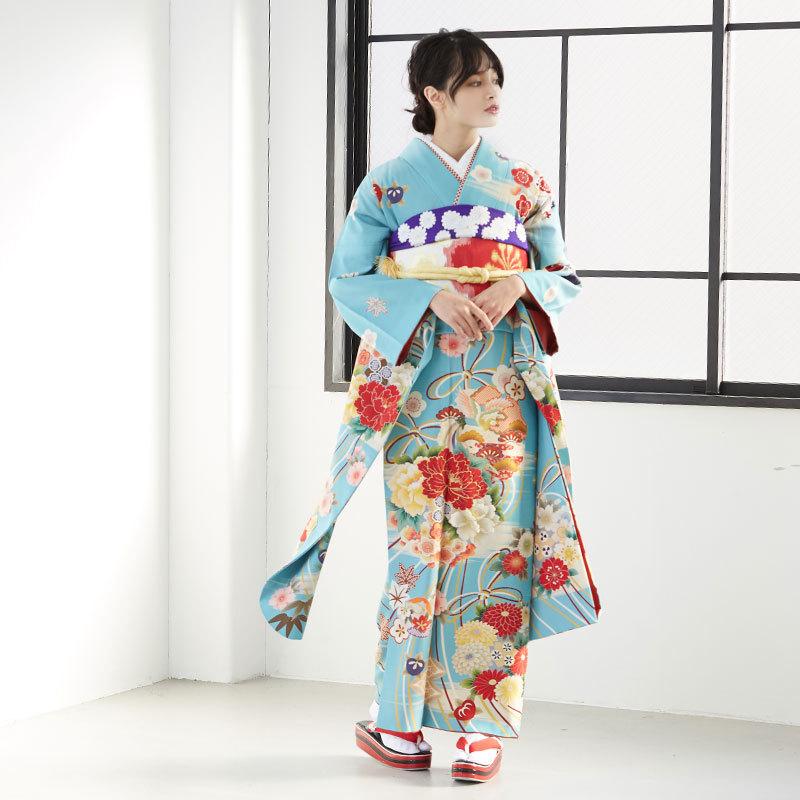 きもの道楽 振袖 レンタル 成人式 結婚式 水色 牡丹と雪輪に鳳凰と花