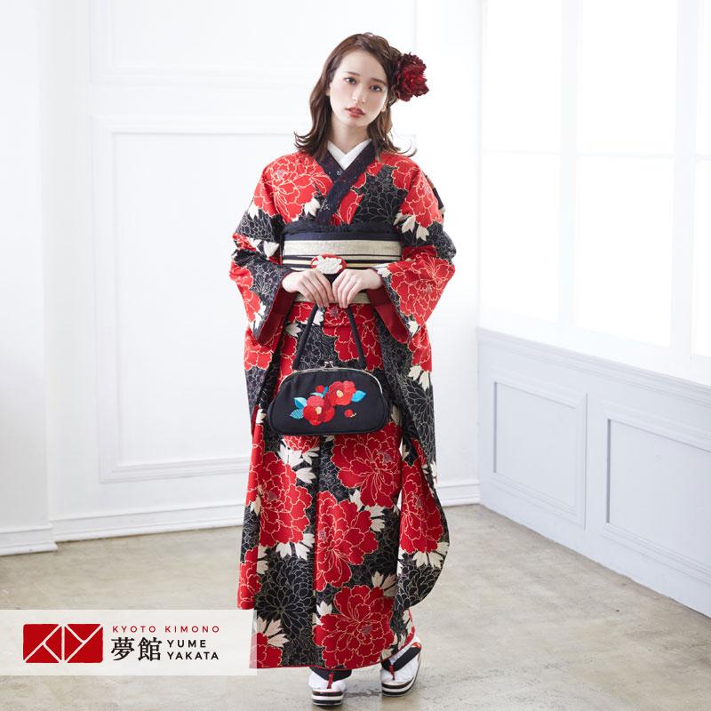 振袖 レンタル 成人式 結婚式 黒 大輪赤牡丹 ジャパンスタイル 12月〜1月利用 対応身長154〜165cm RS501