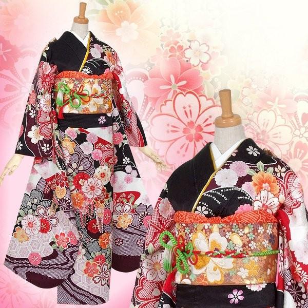振袖 レンタル 成人式 結婚式 訳あり商品 安い 黒　疋田八重桜に藤(絹)12月〜1月利用 対応身長154〜165cm RS510_3