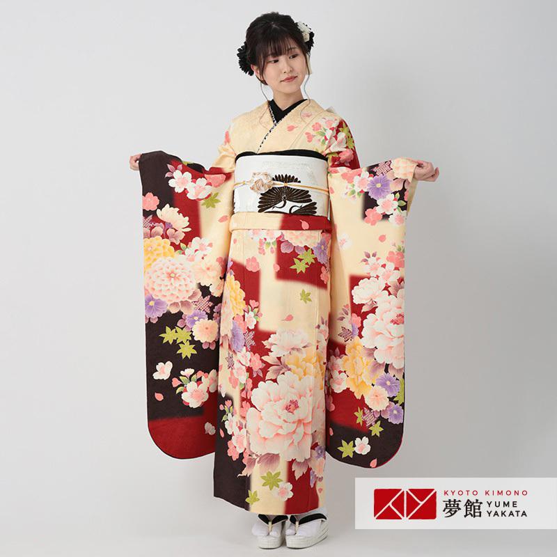 振袖 レンタル 成人式 結婚式 クリーム市松ぼかし　牡丹と菊(絹) 一点物12月〜1月利用 対応身長154〜165cm RS561