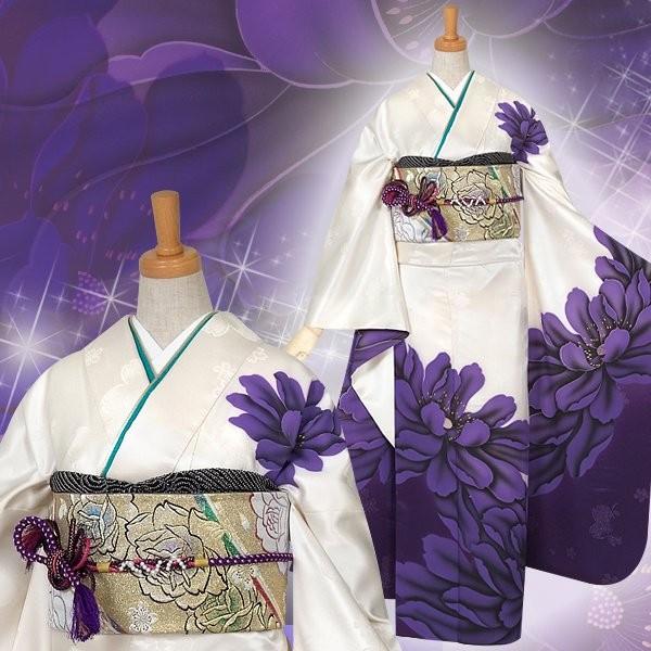 振袖 レンタル 成人式 結婚式 訳あり商品 安い 白×紫 芍薬(絹)12月〜1