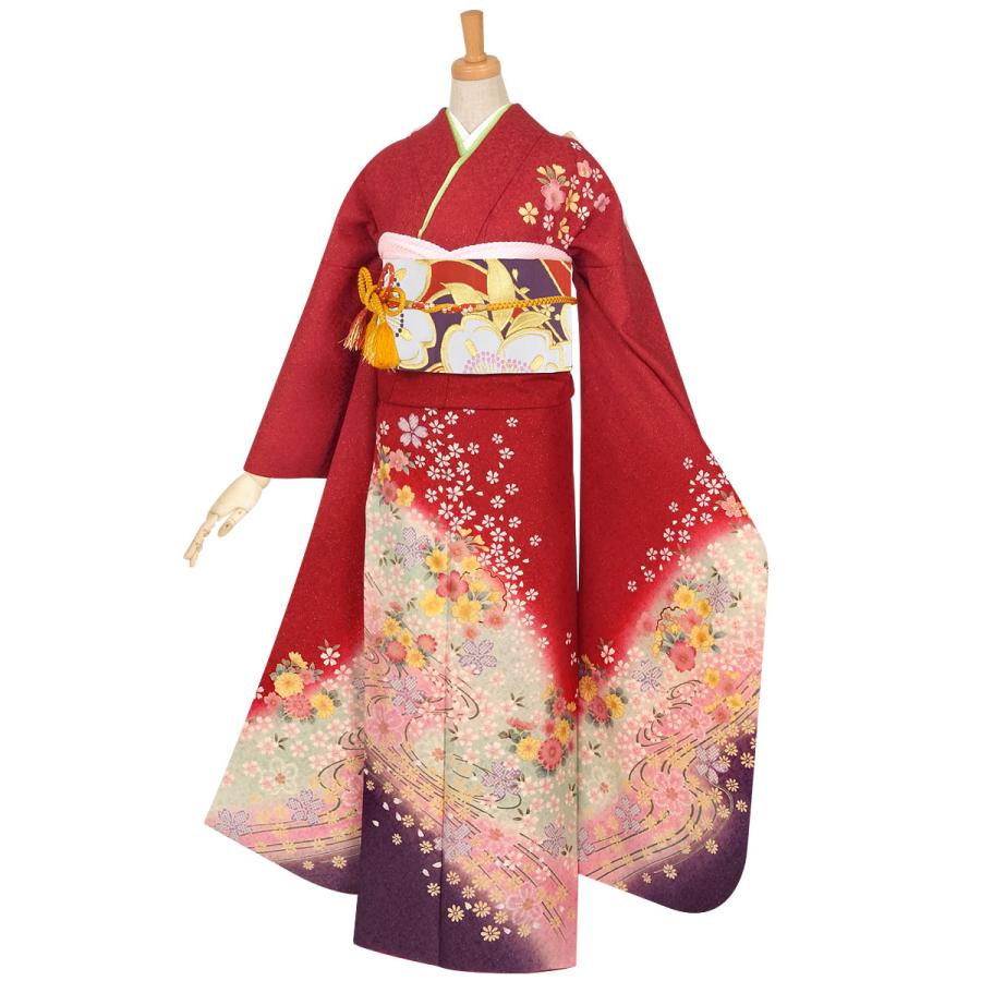 振袖 レンタル 成人式 結婚式 赤 雪輪に桜流水(絹) 一点物 12月〜1月利用 対応身長155〜159cm RS609