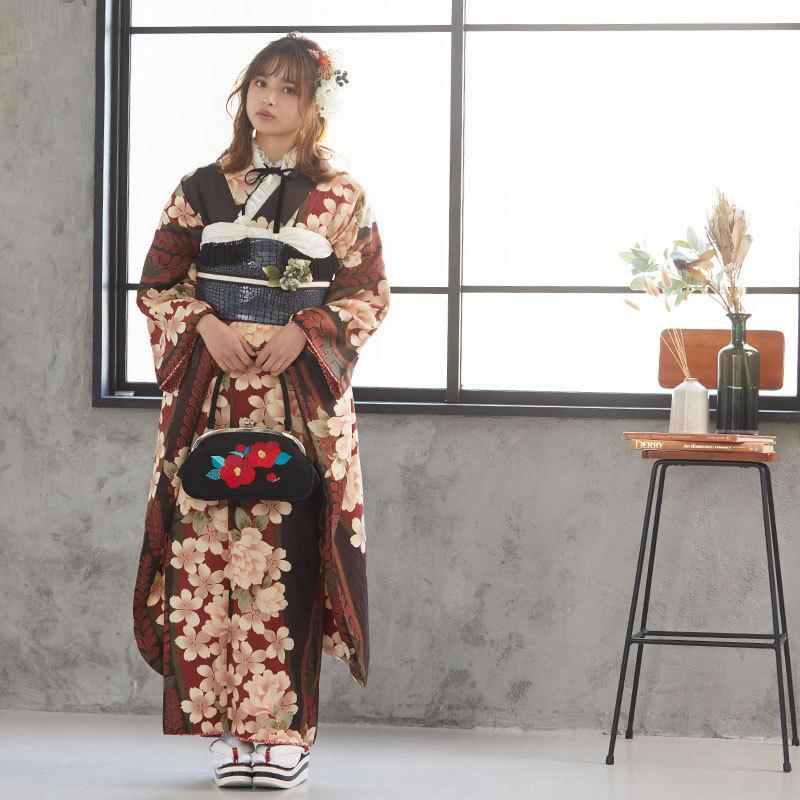 振袖 レンタル 成人式 結婚式 茶 桜牡丹に藤(宅)(R1850)12月〜1月利用